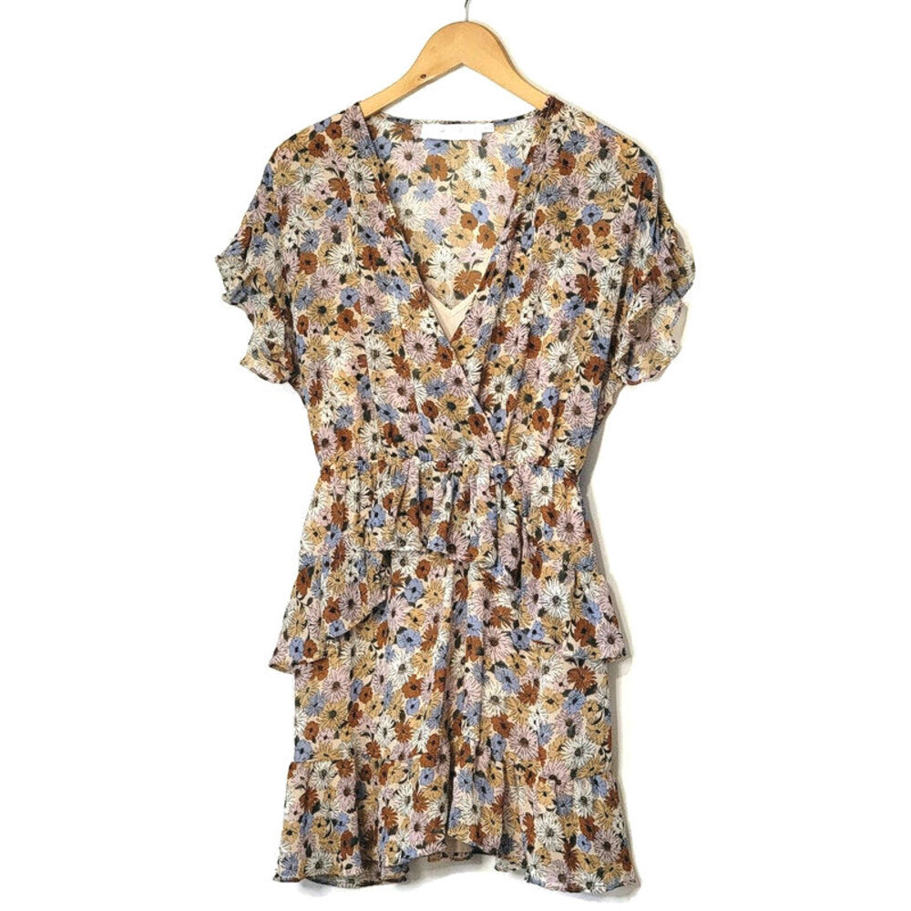 ASTR The Label Floral Dress Ruffled Tiered Mini Cottagecore Boho Blue Pink Small